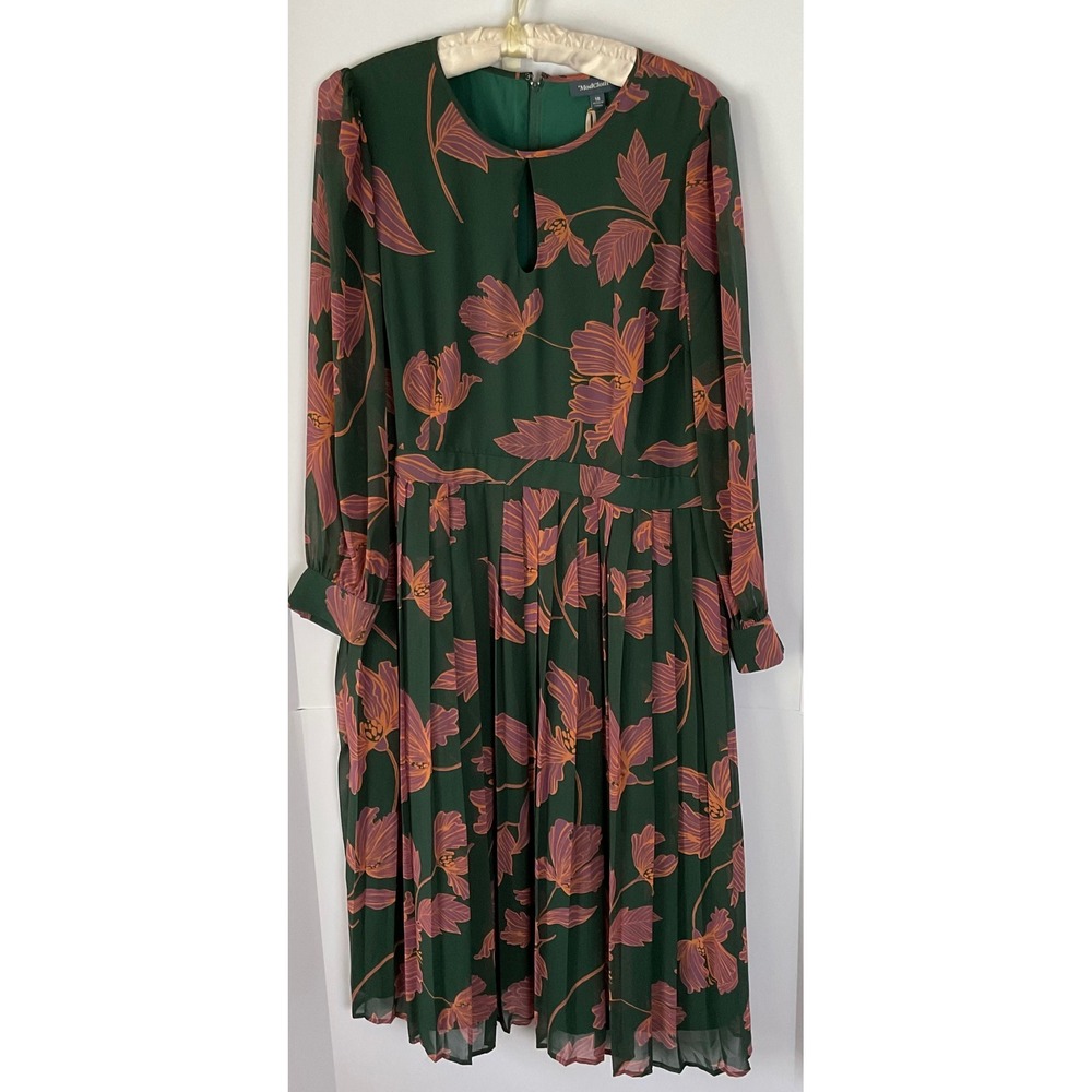 ModCloth Green Floral Pleated Midi Dress Keyhole Long Sleeve Plus Size 18